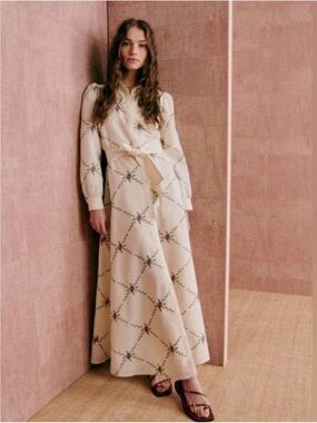 Sezane Bella Maxi Dress in Linen Ecru with Pink Floral Embroidery FR 34/US 2